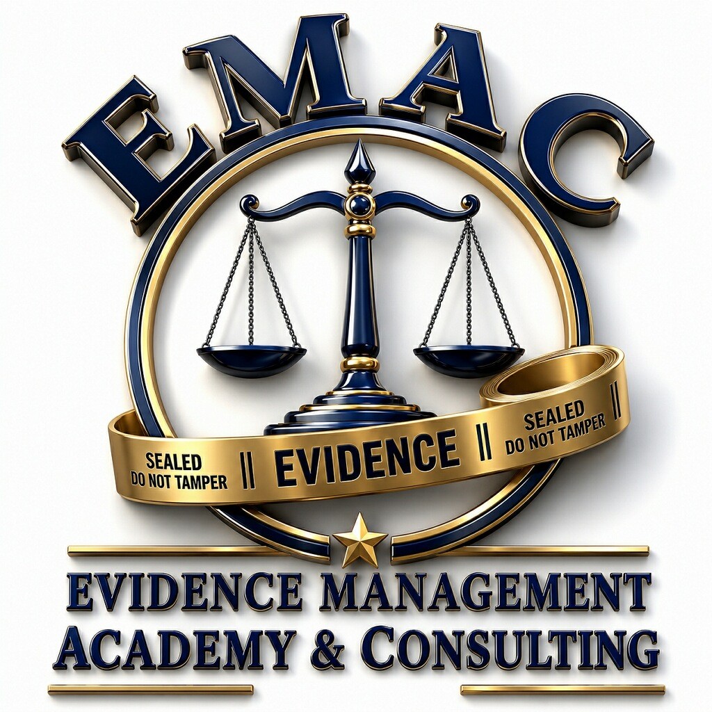 EMAC — Evidence Management Academy and Consulting logo, scales of justice sealed with an evidence ribbon
